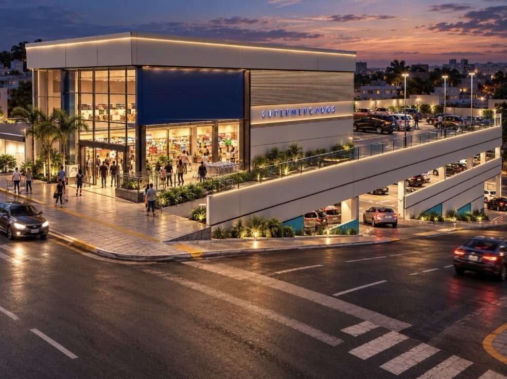 Projeto VIX, imagem ilustrativa: Supermercado com fachada de vidro e estacionamento em rampa sobre estrutura pré-moldada.
